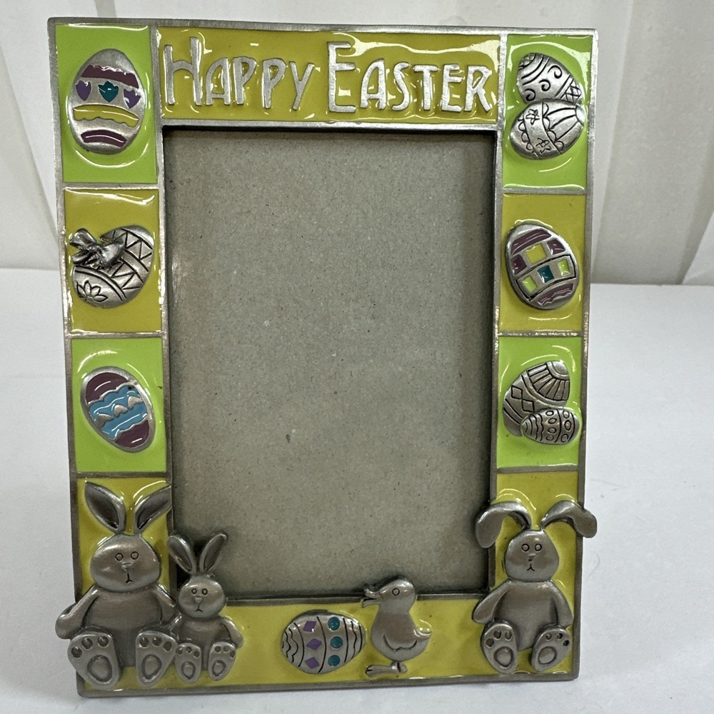 Green/Yellow Enamel & Pewter Easter Themed Frame 3D Eggs Bunnies Chic 3x4 Photo